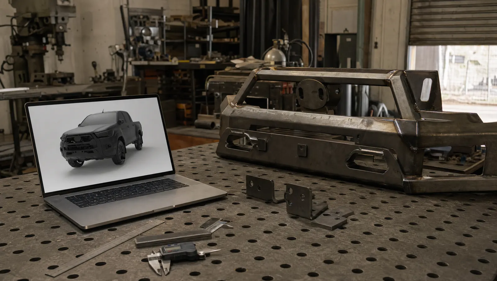 A fabricator's welding table with a half-built steel front bumper, brackets and calipers, and a laptop showing a grey 3D scan render of a Toyota Hilux