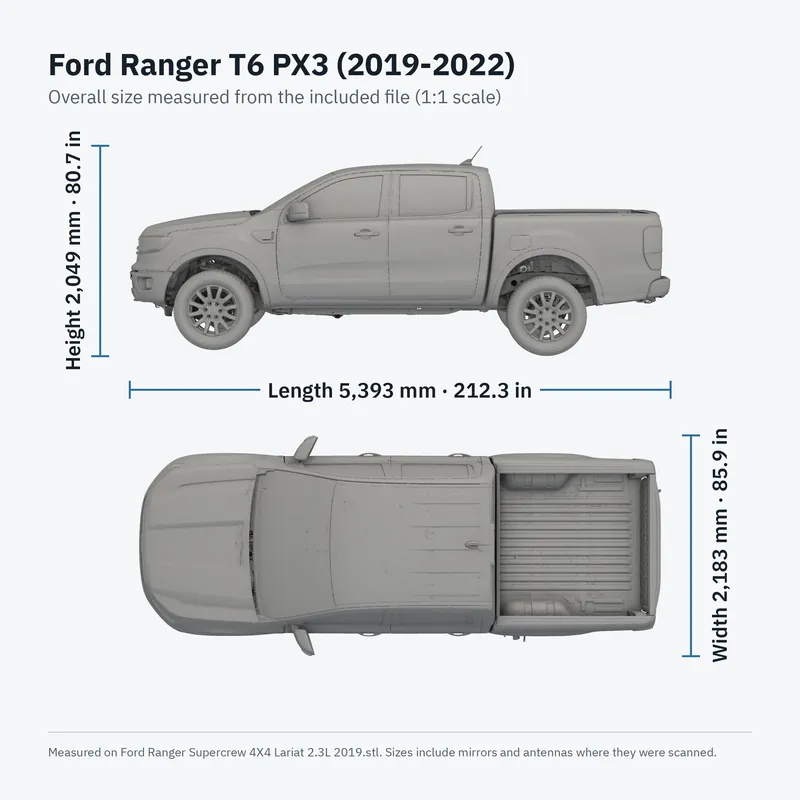 Render of the Ford Ranger 2019-2022 T6 PX3 Full Vehicle 3D Scan (STL) file